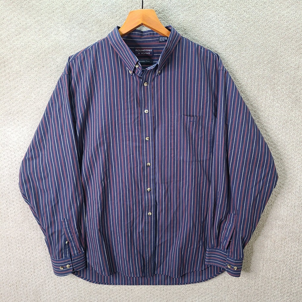 Roundtree & Yorke Shirt Men XXL Blue Red Striped Button Down Cotton Blend Casual